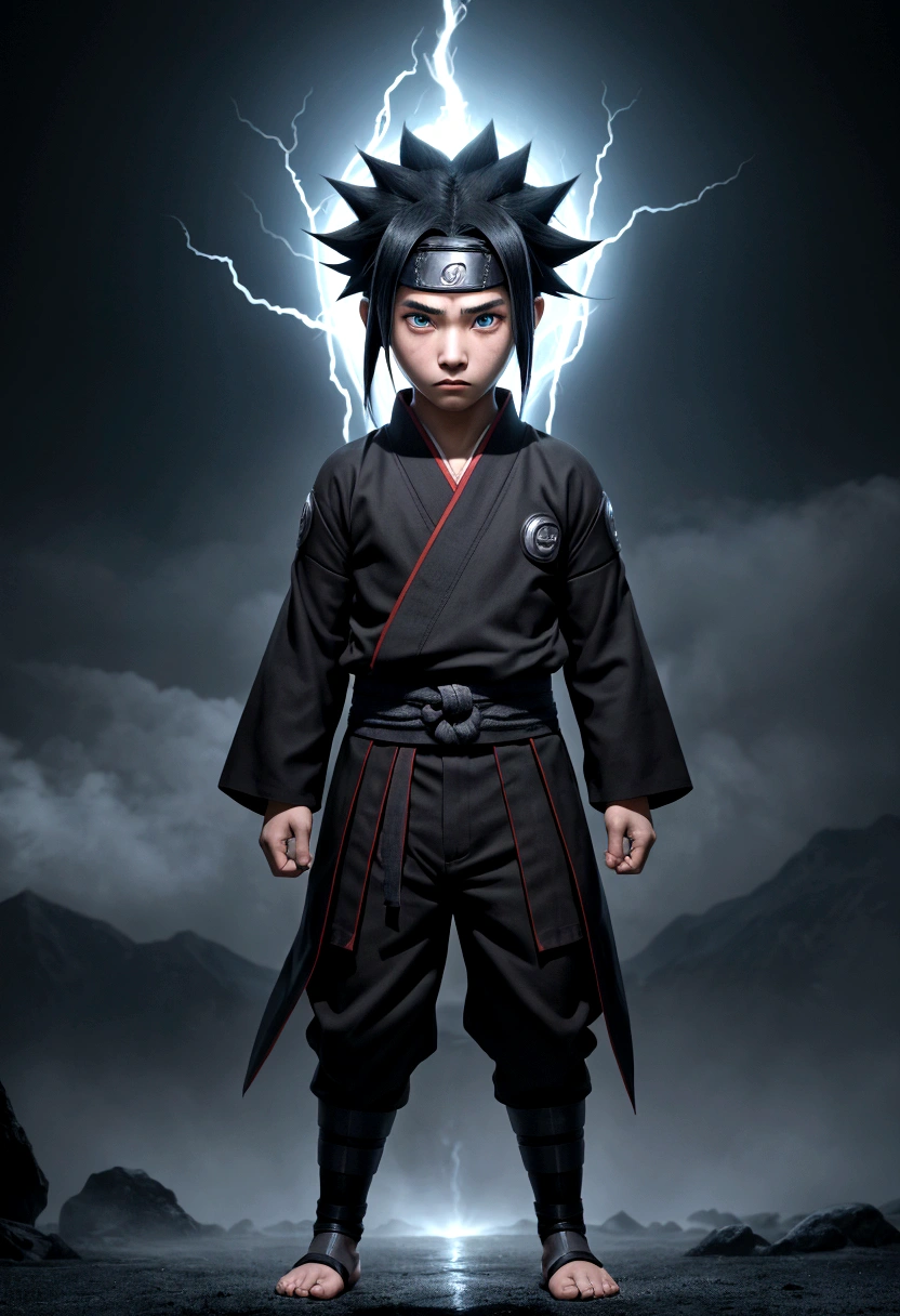  a full-body photo shot of a majestic, little Naruto ( 5 ), superangry, releasing body energy, a dark style with Japanese cultural elements. The image should feature reflective lighting that highlights Naruto's gorgeous, highly detailed eyes as he looks directly at the viewer. The composition should be perfect, with sharp 8K focus capturing every intricate detail. Depict Naruto in an angry state, standing alone in the village background. Surround him with an aura and visible energy emanating from his body, enhancing the sense of power and intensity in the scene