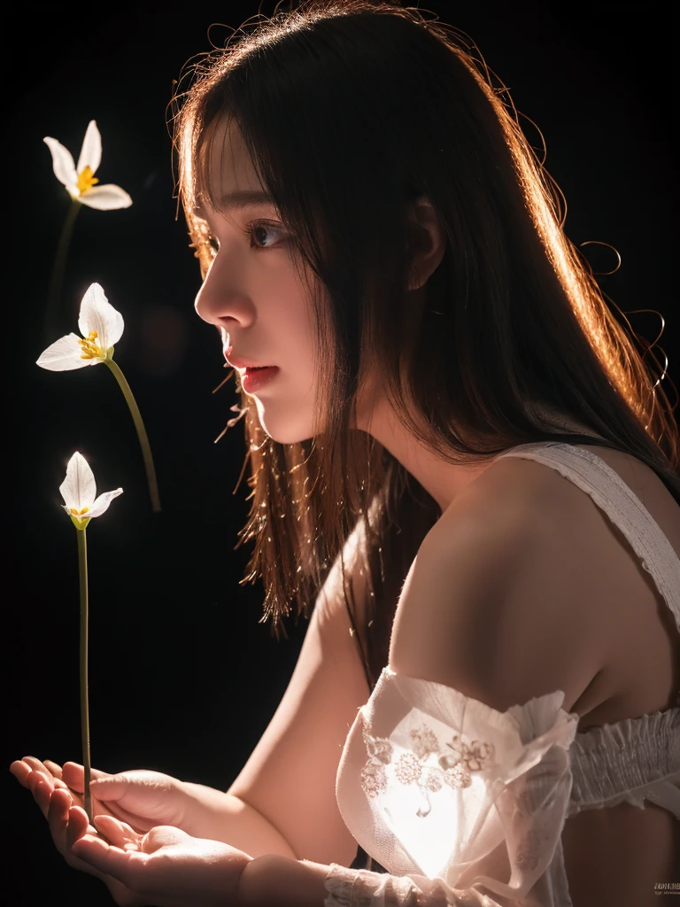 bouquet of delicate flowers Hyacinth, super transparent, holy light, beautiful spectral light, petals glow, flashing, dark background, transparent light drops, reflective light, bright, light flowing in, optics, portrait profile, sharp focus, magical, intricate, ultra realistic, fantasy, composition, light, trend in artstation, pearl, silver vapor patronus cloud, family of corrosive enveloping rays, 8k, ureal air 23v4 uplight