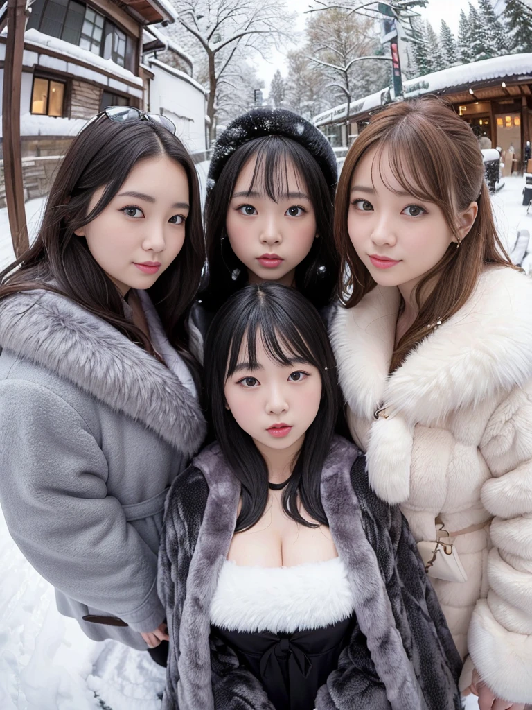 Group photo of female college students、knit、fluffyの毛皮。fluffy。Three beautiful Japanese girls 、Outside in the middle of winter、Winter coat、Heavy coat、Fur Cape、Fur Cuffs、Three gorgeous women in luxurious fur、((Dark stone))The dungeons of the old castle、(((Fur coat)))、((Fisheye Lens)), Beautiful Japanese Woman。((Open your mouth wide and look angry))、(((Open your chest and show it)))(melancholy winter snow:1.4)，(Beautiful vivid Lolita dress)，(looking toward the viewer)，Fur cloak、Fur coatを着た女性、(((Fur stoles)))、((Party Dresses))、((Fisheye Lens))(group picture), (looking at the viewer),, Girls, 
