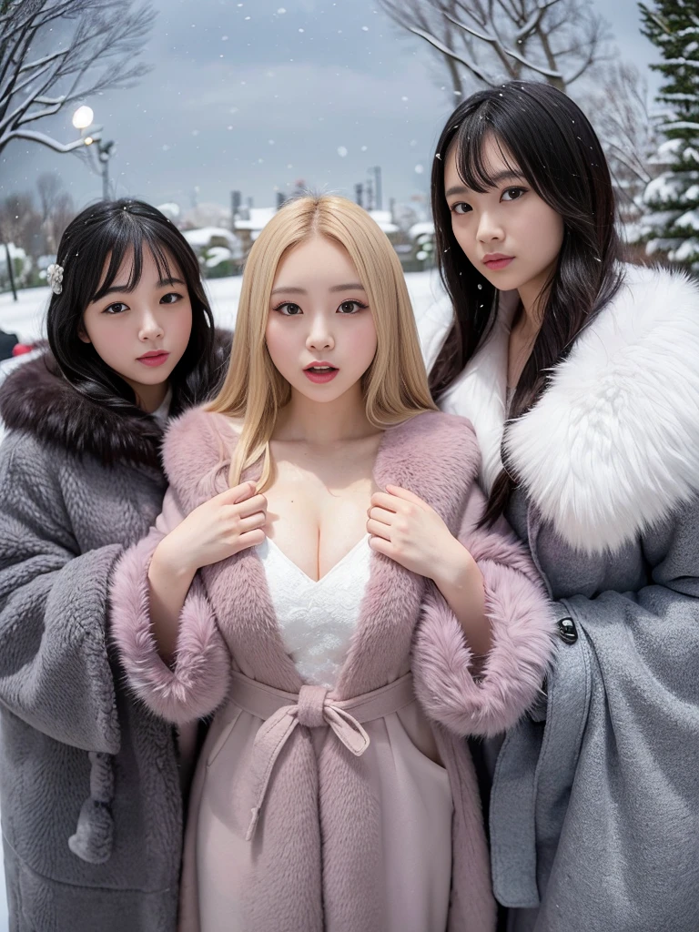 fluffyの毛皮。fluffy。Wedding dressを着た女性たちの写真。Wedding dress、Grey fur cape。Surrounded by fair-skinned adult women。Women wearing fur dresses and veils covering their faces are lined up。Beautiful women in luxurious furs。The dark dungeon of an old stone castle。Fisheye Lens、Fur coat。Multiple women。