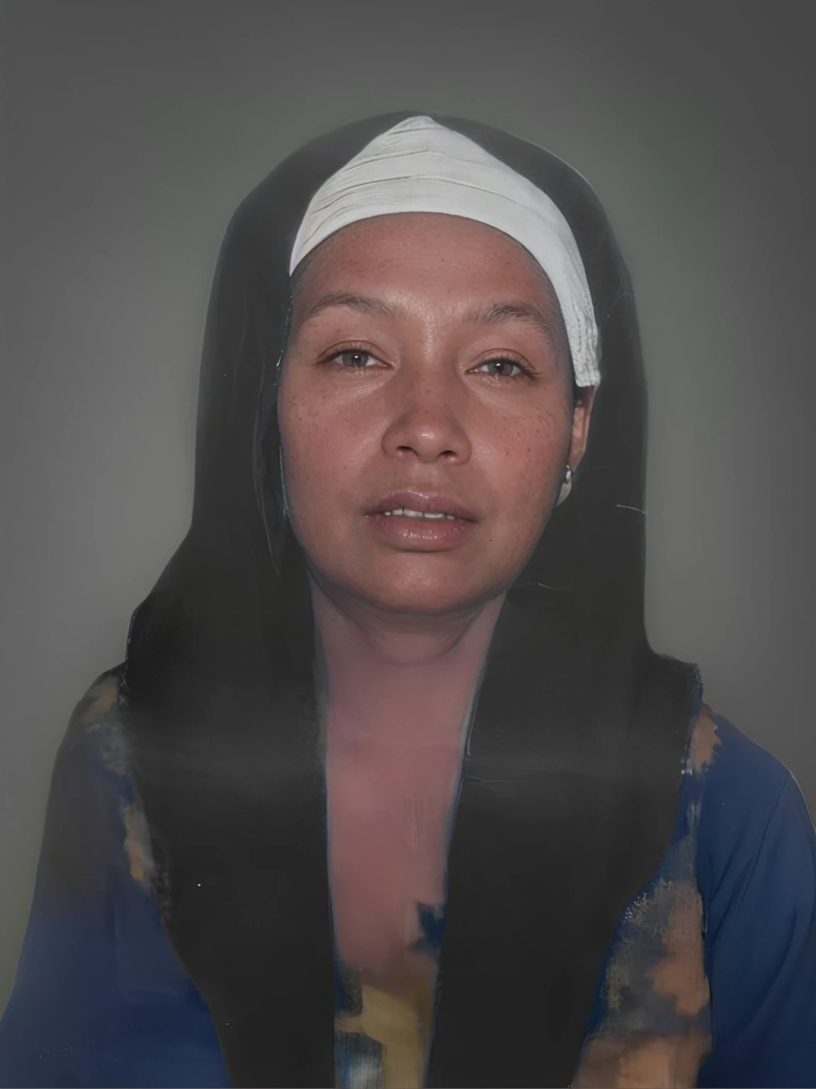 Make this photo look realistic and detailed, there is a woman with a white head scarf and a blue shirt, photo of a woman,50-year-old woman from indonesia, woman portrait, full face portrait, realistic restored face, photographic portrait, photo of a black woman, portait image, portrait of a 50 years old women, portrait of woman's face, very detailed potrait, realistic portrait photo, close up potrait, profile portrait, very detailed face, very realistic face, very perfected face, very detailed clothes, very realistic clothes, very perfected clothes