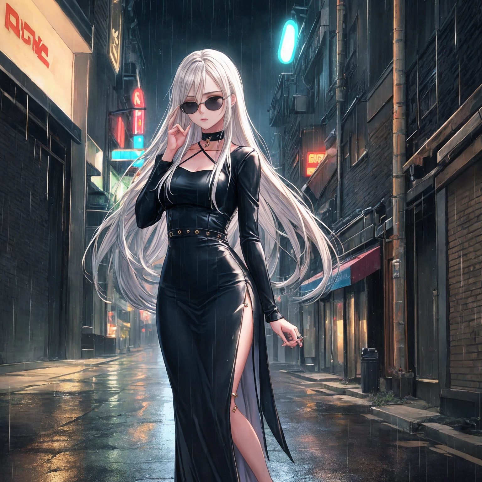 Setting:
Atmospheric Street Background (Think bustling city street at night with neon lights and rain, a foggy alleyway, or a deserted highway at dusk) - Choose the specific atmosphere you desire.
Character:
Appearance:
Ultra Quality - High level of detail and realism
Shiny Skin - Glowing and healthy
Long White Hair - Flowing down the back
Narrowed Black Eyes - Focused and intense expression (sharp or piercing)
Attire:
Long Black Dress - Elegant and flowing
Pose:
Fingers Crossed - A gesture hinting at hope, nervousness, or even making a wish.
Accessories:
Sunglasses - Adding a touch of mystery or coolness (consider the style of sunglasses to match the overall mood)
Additional Notes:
Consider adding details about the character's posture (standing tall, leaning against a wall, etc.) to enhance the scene.
The quality of the image is 8K or Cinematic 