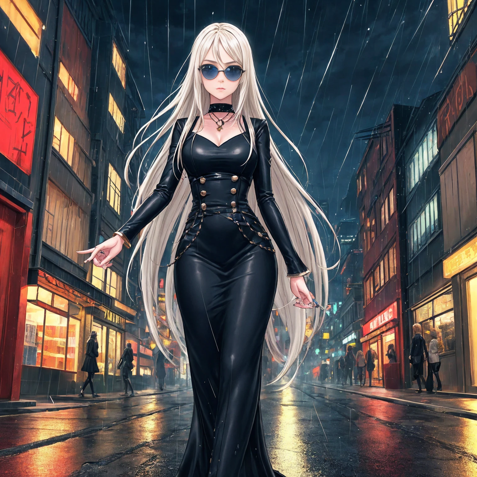 Setting:
Atmospheric Street Background (Think bustling city street at night with neon lights and rain, a foggy alleyway, or a deserted highway at dusk) - Choose the specific atmosphere you desire.
Character:
Appearance:
Ultra Quality - High level of detail and realism
Shiny Skin - Glowing and healthy
Long White Hair - Flowing down the back
Narrowed Black Eyes - Focused and intense expression (sharp or piercing)
Attire:
Long Black Dress - Elegant and flowing
Pose:
Fingers Crossed - A gesture hinting at hope, nervousness, or even making a wish.
Accessories:
Sunglasses - Adding a touch of mystery or coolness (consider the style of sunglasses to match the overall mood)
Additional Notes:
Consider adding details about the character's posture (standing tall, leaning against a wall, etc.) to enhance the scene.
The quality of the image is 8K or Cinematic 