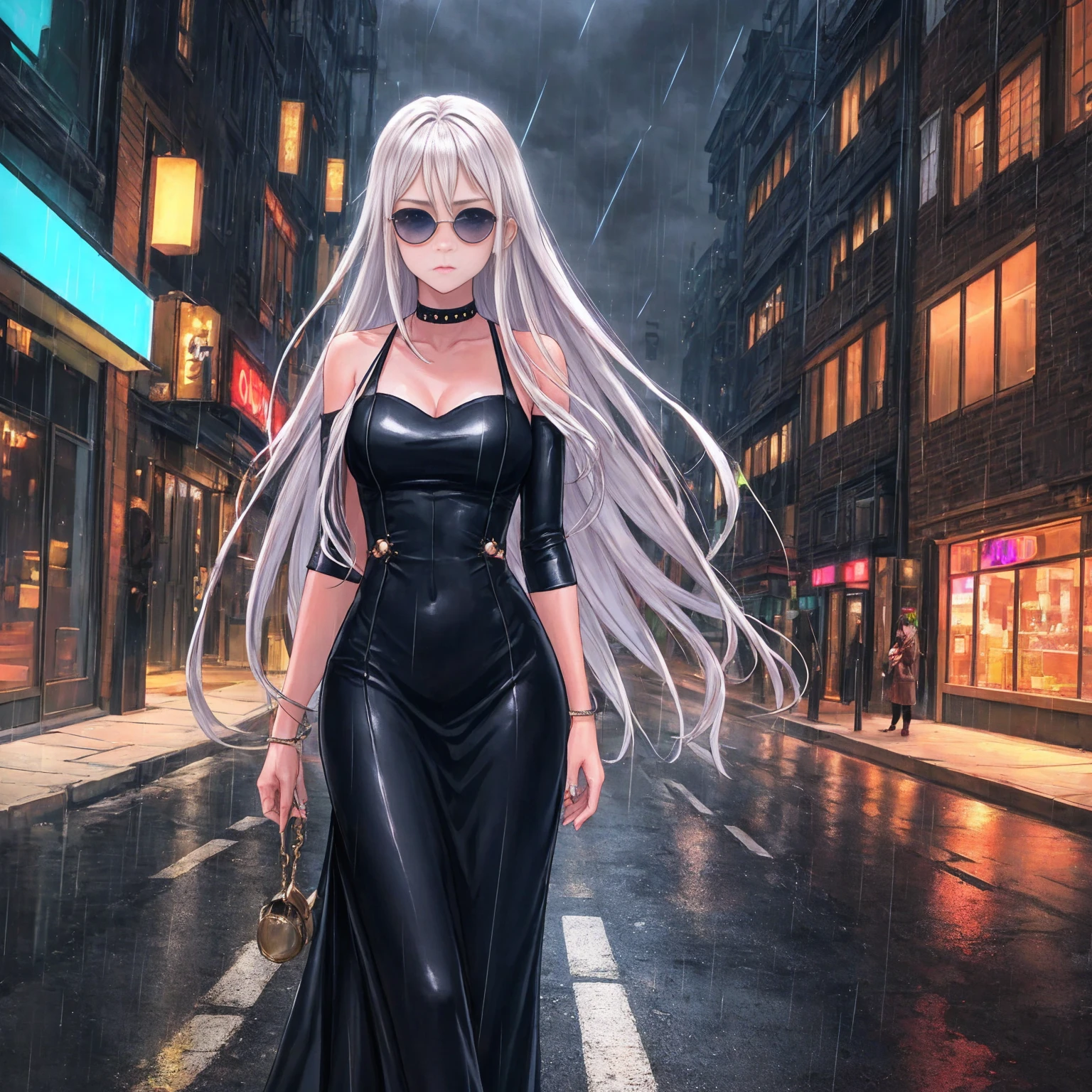 Setting:
Atmospheric Street Background (Think bustling city street at night with neon lights and rain, a foggy alleyway, or a deserted highway at dusk) - Choose the specific atmosphere you desire.
Character:
Appearance:
Ultra Quality - High level of detail and realism
Shiny Skin - Glowing and healthy
Long White Hair - Flowing down the back
Narrowed Black Eyes - Focused and intense expression (sharp or piercing)
Attire:
Long Black Dress - Elegant and flowing
Pose:
Fingers Crossed - A gesture hinting at hope, nervousness, or even making a wish.
Accessories:
Sunglasses - Adding a touch of mystery or coolness (consider the style of sunglasses to match the overall mood)
Additional Notes:
Consider adding details about the character's posture (standing tall, leaning against a wall, etc.) to enhance the scene.
The quality of the image is 8K or Cinematic 