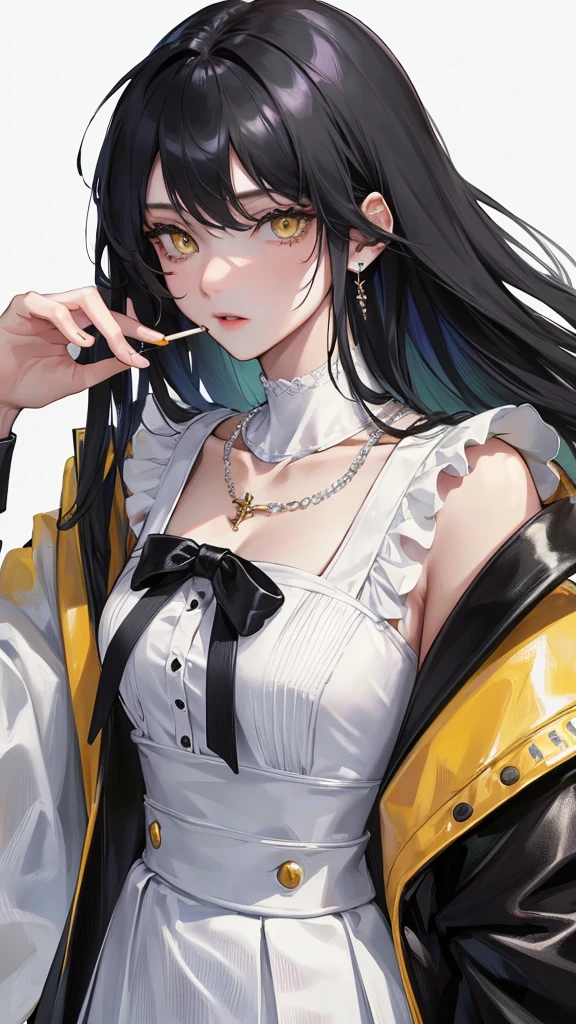 (Top resolution、Distinct_image)top-quality、femele、masterpiece、highly detailed、Semi-realistic、 yellow eyes、18year old、young、Exquisite facial features、Facial features、unique hairstyle, variations, potrait, white background, black hair , long straight hairstyles , cold expression,black stylish miniskirt, millionaire, boss, rich , mafia, luxurious,cigarette, lighter necklace