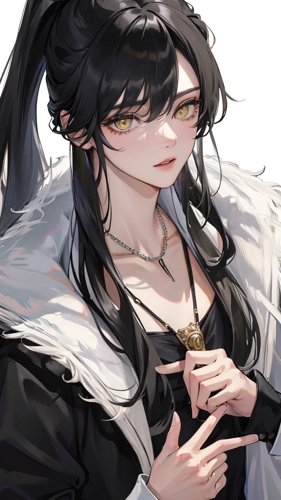 (Top resolution、Distinct_image)top-quality、femele、​masterpiece、highly detailed、Semi-realistic、 yellow eyes、18year old、young、Exquisite facial features、Facial features、unique hairstyle, variations, potrait, white background,  black hair  , long straight hairstyles  , cold expression,black stylish miniskirt, millionaire, boss, rich , mafia, luxurious,cigarette, lighter necklace 