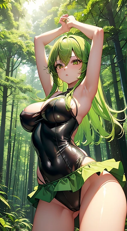 (((Stretch your legs and rotate your hips)))、((Shiny underwear)))、Sleeveless one-piece dress、Beautiful beauty、Beautiful yellow-green hair、((whole body))、(((Photo taken from below)))、in the forest、Large Breasts、Large Breastini skirt、The panties are green lace、Japanese、expensive、Long limbs、Hairstyle: Long Hair