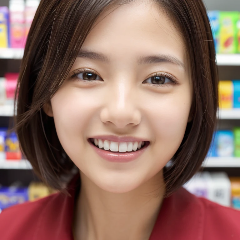 ((Highest quality)), ((masterpiece)), (detailed), One person(Highest quality, 8K, 32k, masterpiece, Ultra-high resolution:1.2),Beautiful Japanese Women Photos、Group of 2、healthy、Glowing Skin, Shallow depth of field、Contrasting、Professional Model、looking forward to it、Overbyte、mouth half open、blush:2.5、Random hairstyles for short hair、Black Hair、Face close-up、Portraiture、Teeth are visible、Big Mouth、Droopy eyes、Round face、Multiple moles、Fair skin、Active 24 year old、Brown eyes、Big smile、Convenience store clerk、Wear a uniform、Overall view、You can see the shelves