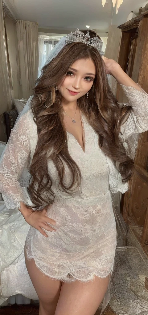 ((Highest quality, 8K, masterpiece: 1.3)), One girl, Perfect Body Beauty: 1.3, ( Random thick diva hairstyle casual), (( Long wavy brown hair)), (Queen), (Exposed very huge big boobs bigger than face), (Wedding dress), Super detailed face, Beautiful Eyes, double eyelid, smile, Short skirt, Lace panties, Earrings, necklace, Crown,