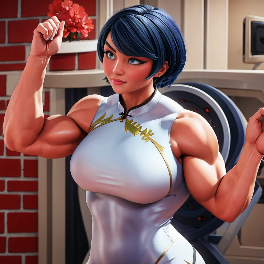 (masterpiece, best quality:1.2), 1girl, solo,dark blue hair,gray eyes, she wear's a white Cheongsam with a red, black and gold plant design, periwinkle pants and black and white dress shoes. She wears a silver band on her ring finger.muscular female bodybuilder, strong and defined muscles, intense expression, confident pose, gym backdrop, sweat glistening on her skin, veins bulging, toned physique, powerful presence, professional lighting, vibrant colors, realism, extreme detail description, sharp focus, (best quality, 4k, highres, masterpiece:1.2), physically-based rendering, bodybuilding competition, intense workout, determination, dedication, muscular symmetry, fitness journey, weightlifting, athletics, vibrant energy, bokeh, dynamic composition.