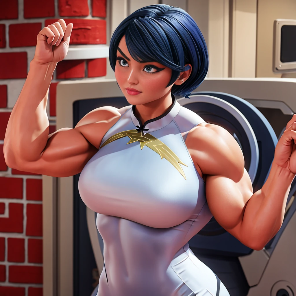 (masterpiece, best quality:1.2), 1girl, solo,dark blue hair,gray eyes, she wear's a white Cheongsam with a red, black and gold plant design, periwinkle pants and black and white dress shoes. She wears a silver band on her ring finger.muscular female bodybuilder, strong and defined muscles, intense expression, confident pose, gym backdrop, sweat glistening on her skin, veins bulging, toned physique, powerful presence, professional lighting, vibrant colors, realism, extreme detail description, sharp focus, (best quality, 4k, highres, masterpiece:1.2), physically-based rendering, bodybuilding competition, intense workout, determination, dedication, muscular symmetry, fitness journey, weightlifting, athletics, vibrant energy, bokeh, dynamic composition.