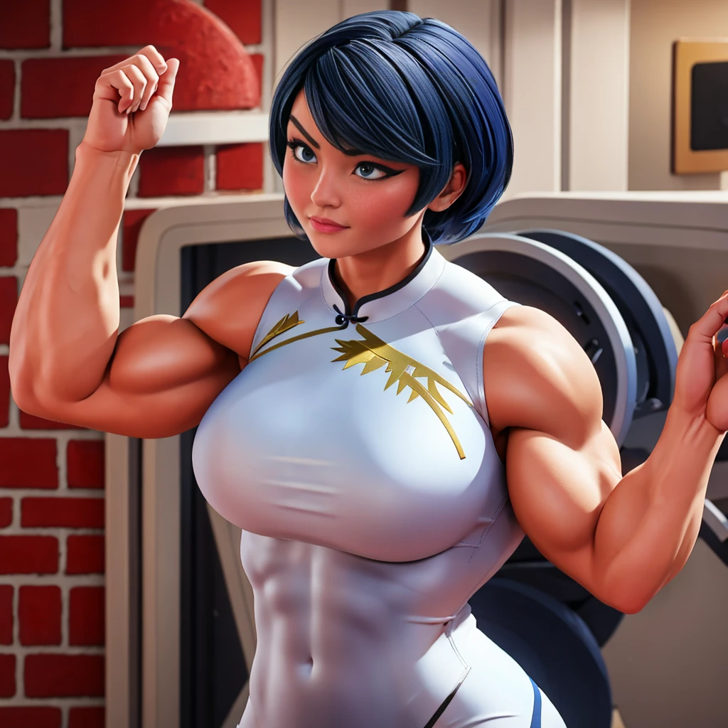 (masterpiece, best quality:1.2), 1girl, solo,dark blue hair,gray eyes, she wear's a white Cheongsam with a red, black and gold plant design, periwinkle pants and black and white dress shoes. She wears a silver band on her ring finger.muscular female bodybuilder, strong and defined muscles, intense expression, confident pose, gym backdrop, sweat glistening on her skin, veins bulging, toned physique, powerful presence, professional lighting, vibrant colors, realism, extreme detail description, sharp focus, (best quality, 4k, highres, masterpiece:1.2), physically-based rendering, bodybuilding competition, intense workout, determination, dedication, muscular symmetry, fitness journey, weightlifting, athletics, vibrant energy, bokeh, dynamic composition.