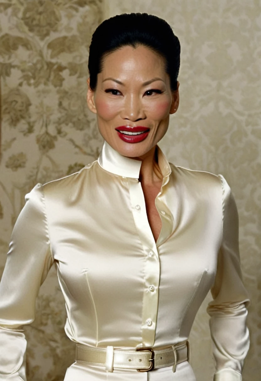 closeup shot, (muscular evil angry lucy liu showing closed teeth with flared nostrils and furrowed brows:1.5) in a (closed satin skintight buttondown band collar blouse with large shoulder-pads and extremely tight belt:1.6), tight hairbun, silk gloves, (widened eyes), (muscular arms), subtle evil stare with flared nostrils, large shoulder-pads, (evil laugh), skintight satin pants defining her body, uptight, popped collar, stiff posture