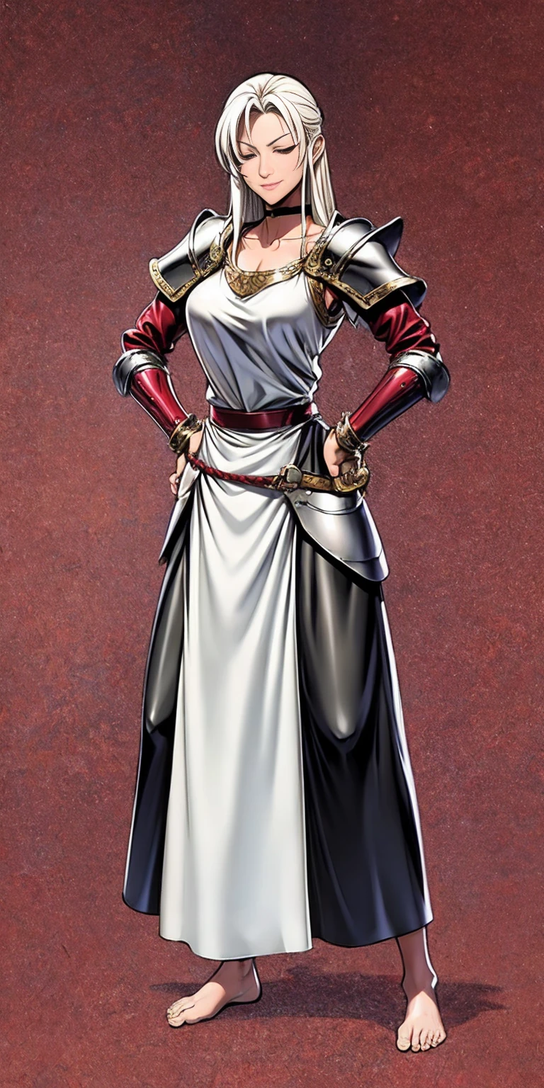 Setting:
Plain background
Character:
Female
Full body - Barefoot
Attire:
Linen tunic
Armor (possibly worn over the tunic)
Accessories:
Black choker
Handcuffs on wrists
Shackles on legs and arms
Pose:
Hands on hips
Expression: (happy but mouth closed)
Additional Notes:
(Consider leather armor or plate mail)
