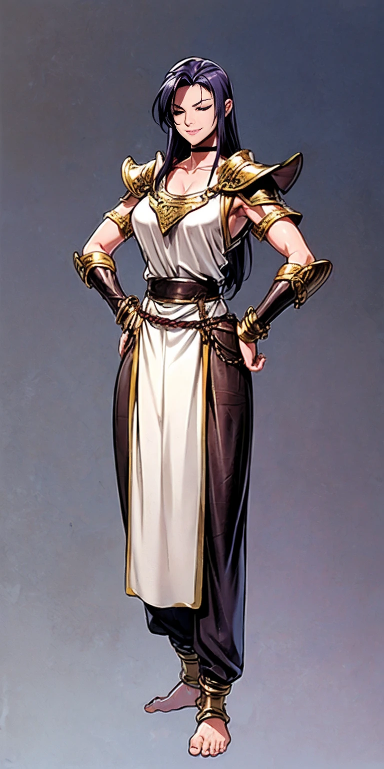 Setting:
Plain background
Character:
Female
Full body - Barefoot
Attire:
Linen tunic
Armor (possibly worn over the tunic)
Accessories:
Black choker
Handcuffs on wrists
Shackles on legs and arms
Pose:
Hands on hips
Expression: (happy but mouth closed)
Additional Notes:
(Consider leather armor or plate mail)