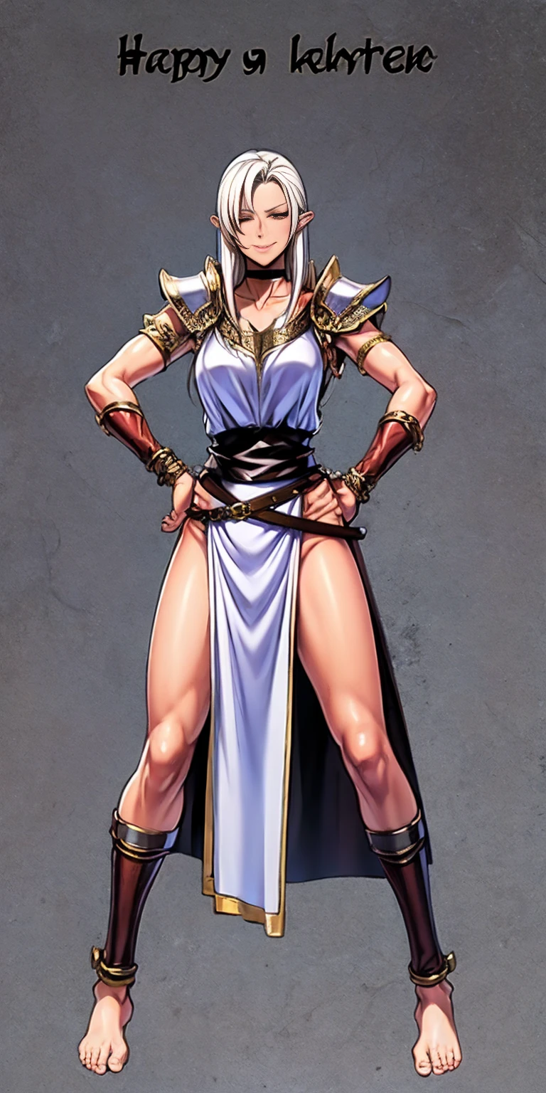 Setting:
Plain background
Character:
Female
Full body - Barefoot
Attire:
Linen tunic
Armor (possibly worn over the tunic)
Accessories:
Black choker
Handcuffs on wrists
Shackles on legs and arms
Pose:
Hands on hips
Expression: (happy but mouth closed)
Additional Notes:
(Consider leather armor or plate mail)