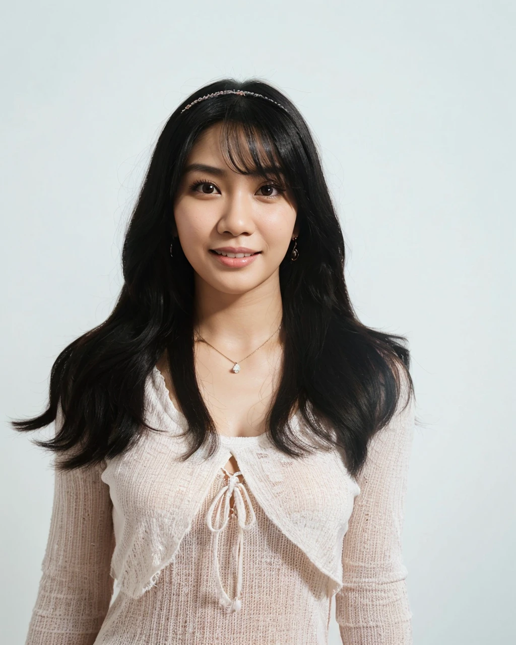 Hyperrealistic 3D Cartoon style character with big head. 24 year old Indonesian woman, ideal body, black hair , smiling at the camera with his arms in a ready position, white background. Use soft photography lighting. Hair lighting, top lighting, side lighting, high quality photos, UHD, 16K