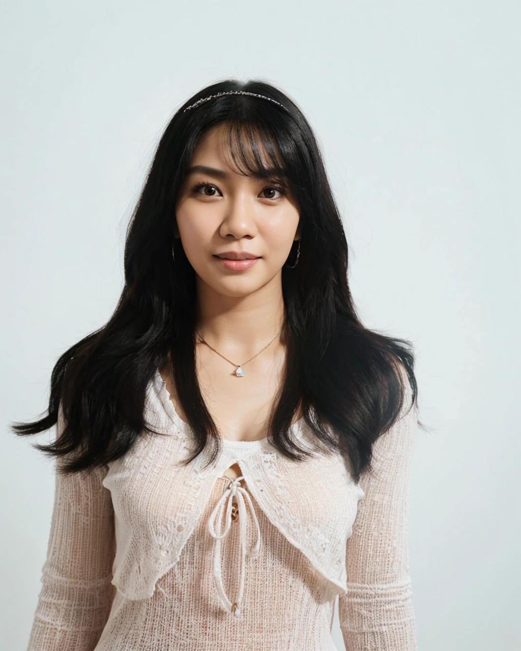 Hyperrealistic 3D Cartoon style character with big head. 24 year old Indonesian woman, ideal body, black hair , smiling at the camera with his arms in a ready position, white background. Use soft photography lighting. Hair lighting, top lighting, side lighting, high quality photos, UHD, 16K