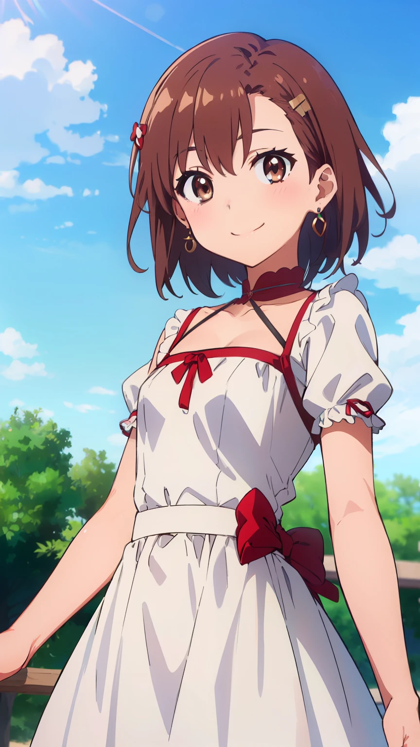 (masterpiece, best quality, 8k:1.2),Very detailed, (anime:1.1), misaka_mikoto, brown hair, short hair, hairpin, small medium breasts, 1girl, (Smiling face, strong, Princess dress, earrings), Cowboy shot, looking at viewer,