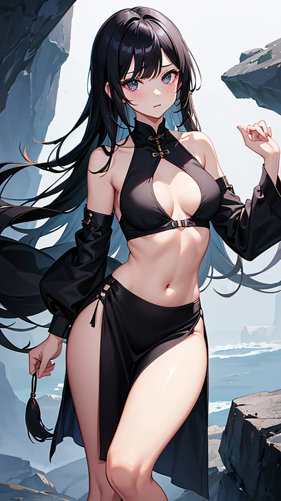 a girl,Wearing a slit cheongsam,black hair,Blatant clavicle,No underwear,The belly button is exposed and the abdomen is visible