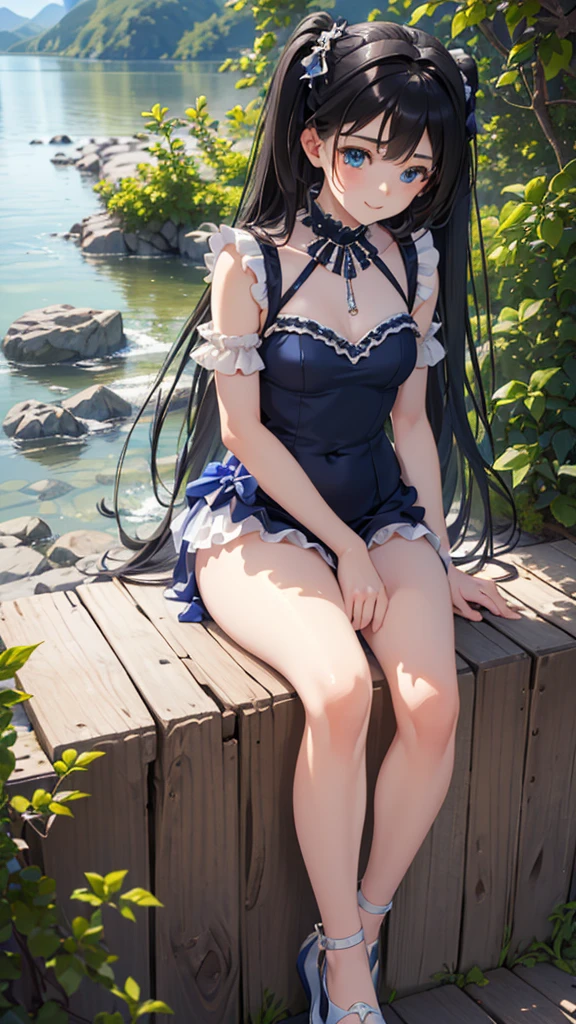((masterpiece)), ((highest quality、Ultra high definition)), (Very detailed),8K、Photo quality、((Amazingly cute girl)),(((-yeld gi)), Two people, , (Beautiful emerald blue eyes), ((smile)),In the open-air bath overlooking the sea, Beautifully arranged black hair in twin tails、whole body、Cute lolita maid style swimsuit))、Professional Lighting、(White lace knee-highore detailed and beautiful)、(More details and cutenesore realistic)、(((Just wear light clothing)))、プールではしゃぐ、
