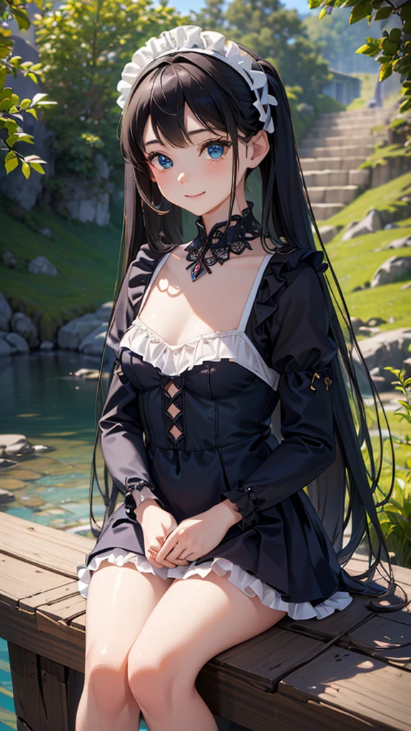 ((masterpiece)), ((highest quality、Ultra high definition)), (Very detailed),8K、Photo quality、((Amazingly cute girl)),(((14-year-old girl))), Two people, , (Beautiful emerald blue eyes), ((smile)),In the open-air bath overlooking the sea, Beautifully arranged black hair in twin tails、whole body、Cute lolita maid style swimsuit))、Professional Lighting、(White lace knee-highore detailed and beautiful)、(More details and cutenesore realistic)、(((Just wear light clothing)))、プールではしゃぐ、