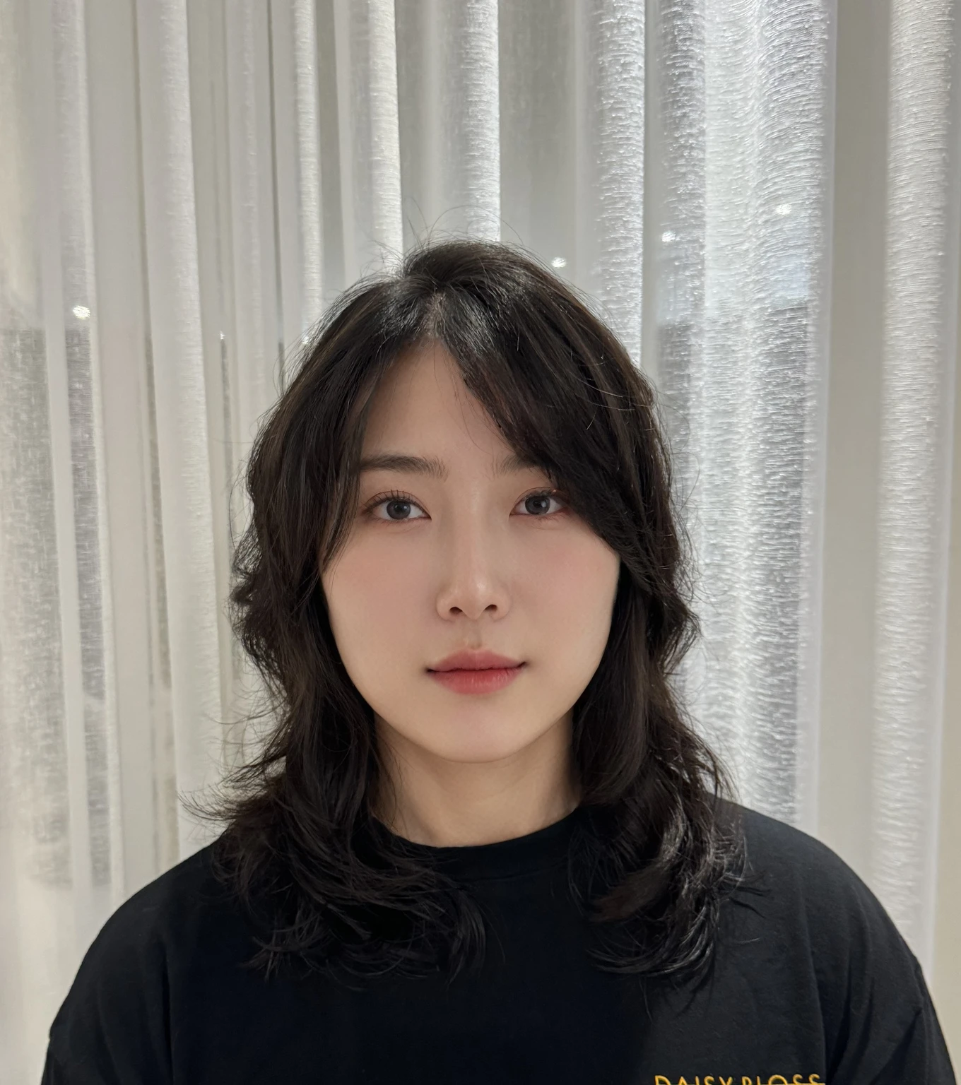 Best Quality, 8k, Masterpiece, (Portrait: 1.3), (photo realistic:1.4), (hyper realistic:1.4), Sharp Focus, looking at viewer, (smoother lighting:1.1), (increase cinematic lighting quality:0.9), realistic lighting, backlighting, light on face, ray trace, (brightening light:1.2), (Increase quality:1.4), sharp detail, (best quality real texture skin:1.4), finely detailed eyes, black_eyes, finely detailed face, 25 year old Korean woman