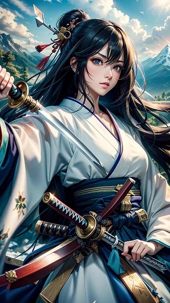(woman swordswoman、Hold the sword、Iai-no-I、Japanese Katana Sword）（Masterpiece 1.4, Best Quality 1.4）,1girl,  (Detailed skin, Detailed and Beautiful Face 1.4), Bow, Long hair, A dark-haired , Hair fluttering in the wind, White and blue kimono, Blood-stained kimono, Sandals, Official art, Good composition, Official Pose, detailed portrait, Clouds and mountains background, Samurai, High resolution, Dramatic lighting and shadows, snow escape, In the front of waterfall in the forest.