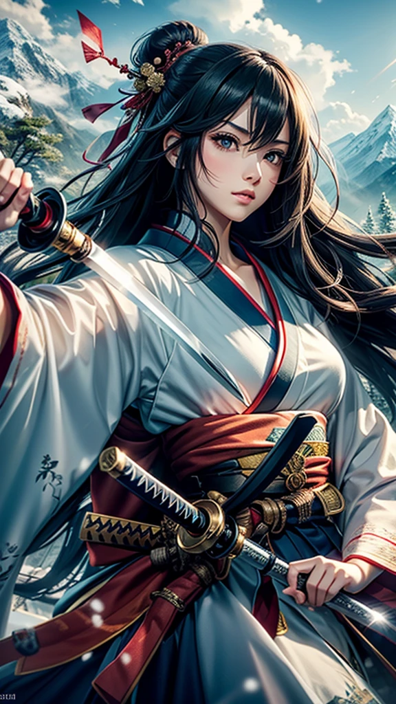 (woman swordswoman、Hold the sword、Iai-no-I、Japanese Katana Sword)(Masterpiece 1.4, Best Quality 1.4),1girl, (Detailed skin, Detailed and Beautiful Face 1.4), Bow, Long hair, A dark-haired , Hair fluttering in the wind, White and blue kimono, Blood-stained kimono, Sandals, Official art, Good composition, Official Pose, detailed portrait, Clouds and mountains background, Samurai, High resolution, Dramatic lighting and shadows, snow escape, In the front of waterfall in the forest.