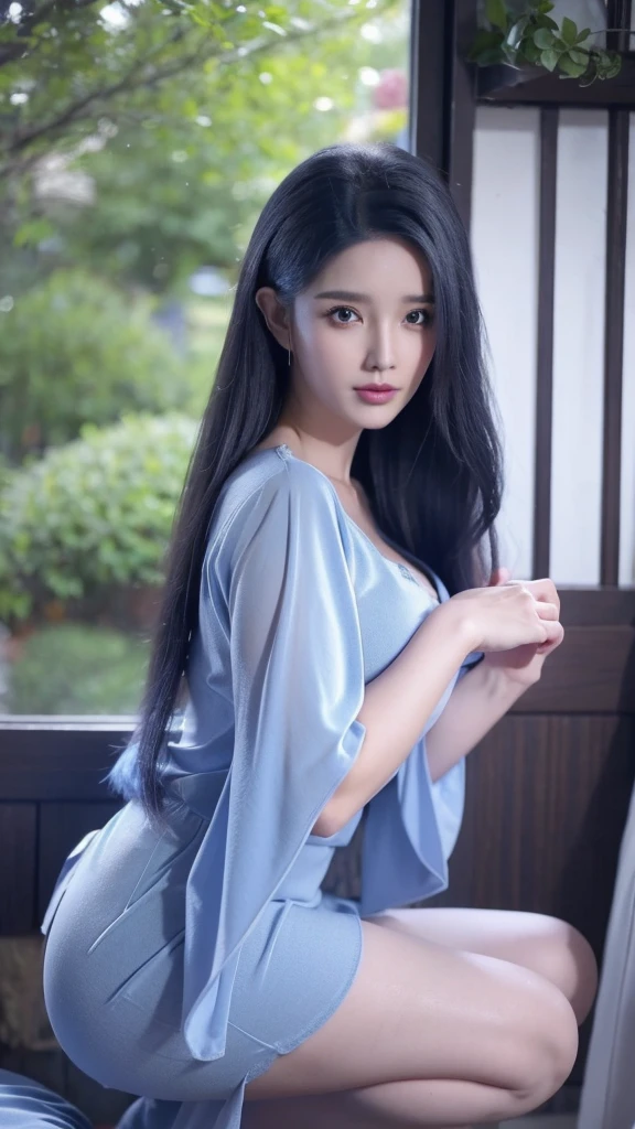 Arad woman in blue dress sitting on the windowsill, Cute anime waifu wearing beautiful clothes, Popular topics on cgstation, 8k high quality detailed art, anime barbie wearing white, Very detailed and beautiful fan art, Extremely detailed Artgerm, anime girl squatting, flowing magic robe, Beautiful and seductive anime woman, wlop sum sakimichan , pantyhose