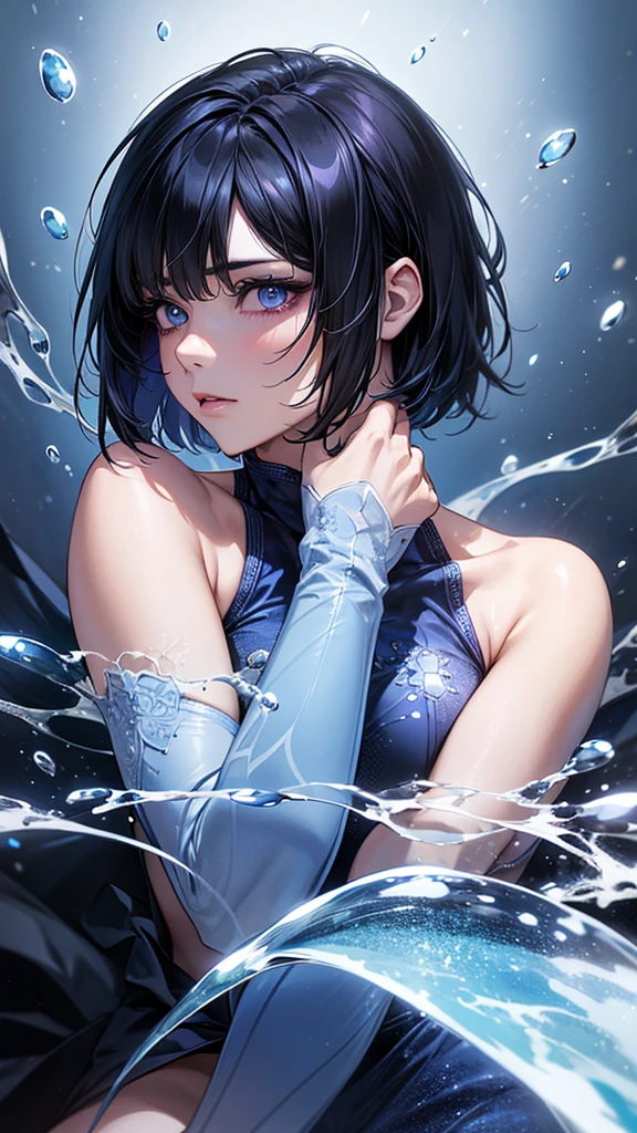 Highest quality, Ultra-high resolution, (Realistic: 1.4), Beautiful eyes, Super beautiful, Beautiful beauty, One person、Wizard, Japanese style blue and purple tones、Controls water and ice、whole body、(Black Hair、Short Bob Hair),Beautiful soldier, Eyes that beckon, Droopy eyeistress&#39;s point of view, Attractive look, Fearless smile,  (Perfect Anatomy, Anatomically correct, Highly detailed skin), Dancing, snow