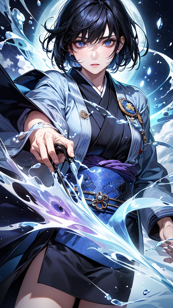 Highest quality, Ultra-high resolution, (Realistic: 1.4), Beautiful eyes, Super beautiful, Beautiful beauty, One person、Wizard, Japanese style blue and purple tones、Controls water and ice、whole body、(Black Hair、Short Bob Hair),Beautiful soldier, Eyes that beckon, Droopy eyeistress's point of view, Attractive look, Fearless smile, (Perfect Anatomy, Anatomically correct, Highly detailed skin), Dancing, snow