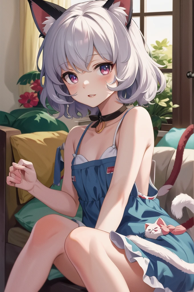 masterpiece, Highest quality, High resolution, Neferpitou 1, Cat ear, (Cat&#39;s Tail:0.8), alone, short hair, Red eyes, Hair between the eyes, :3, Curly Hair, Cat girl, Frills_bikini, Beach, Day, cloud, wariza,She spread her legs,Arms folded behind back,sexy,side,Squat,training