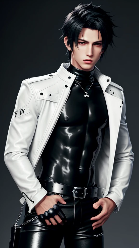 Final fantasy taste and reality graphics, Japanese young cute and cool ikemen  boy, his age is early 20s, thin eyebrows and beady eyes,  he wearing off white color leather thick singlebrest biker jacket, with epaulet,  must close the front of the leather jacket, jacket is biker style, jacket is voluminous, , jacket collar is high length stand-up collar with belts, jacket is a little black line pattern,close the front of the jacket, also wearing black thick turtleneck lackluster shirts,  tight black leather pants, shiny black leather tight and thin glove, black leather knee-high raceup boots,must views  head-to-toe,must views whole body, boy looks like fashion model,Do not show skin from the neck down,leather jacket leather glove and leather pants have few wrinkles,boy in the room,