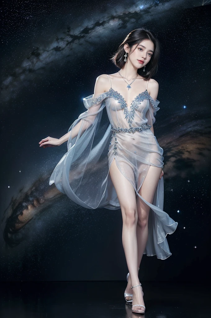 (((best quality))),(((ultra detailed))),(((masterpiece))),illustration,((A beautiful female astrologer,solo)),((slim,thin)),((small breasts,flat chest)),((shoulder length straight bob hair)),(laughing:1.2),(earrings,necklace),(sparkled sheer shirt-dress:1.3),(slender legs),standing beneath a magical summer night, stars twinkling in the velvety darkness,starry sky, sapphire eyes filled with wonder, flowing ethereal gown mimicking the stars, silver pendant shaped like a horoscope,serene smile and captivating gaze, celestial beauty and mystery, solace and inspiration in the vast expanse of the universe,((from front,full body,arms behind back))