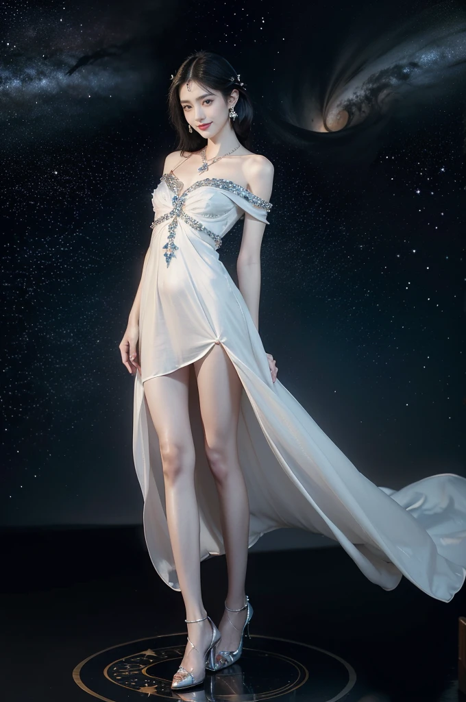 (((best quality))),(((ultra detailed))),(((masterpiece))),illustration,((A beautiful female astrologer,solo)),((slim,thin)),((small breasts,flat chest)),((shoulder length straight bob hair)),(laughing:1.2),(earrings,necklace),(sparkled sheer shirt-dress:1.3),(slender legs),standing beneath a magical summer night, stars twinkling in the velvety darkness,starry sky, sapphire eyes filled with wonder, flowing ethereal gown mimicking the stars, silver pendant shaped like a horoscope,serene smile and captivating gaze, celestial beauty and mystery, solace and inspiration in the vast expanse of the universe,((from front,full body,arms behind back))