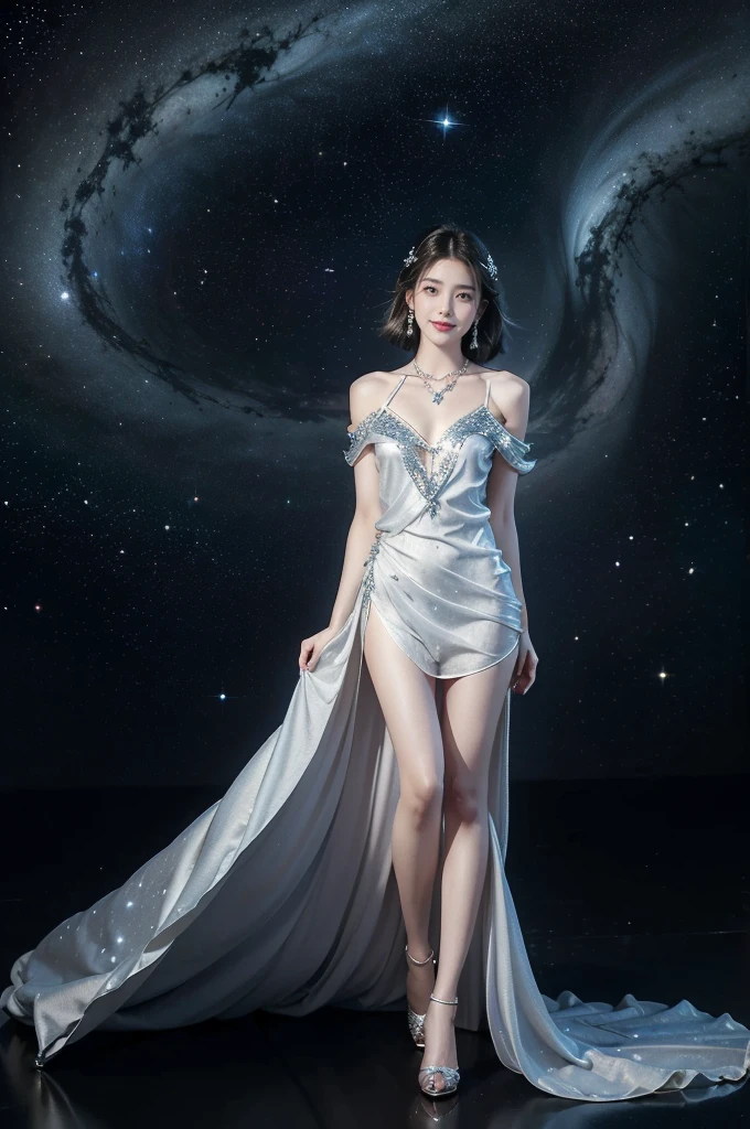 (((best quality))),(((ultra detailed))),(((masterpiece))),illustration,((A beautiful female astrologer,solo)),((slim,thin)),((small breasts,flat chest)),((shoulder length straight bob hair)),(laughing:1.2),(earrings,necklace),(sparkled sheer shirt-dress:1.3),(slender legs),standing beneath a magical summer night, stars twinkling in the velvety darkness,starry sky, sapphire eyes filled with wonder, flowing ethereal gown mimicking the stars, silver pendant shaped like a horoscope,serene smile and captivating gaze, celestial beauty and mystery, solace and inspiration in the vast expanse of the universe,((from front,full body,arms behind back))