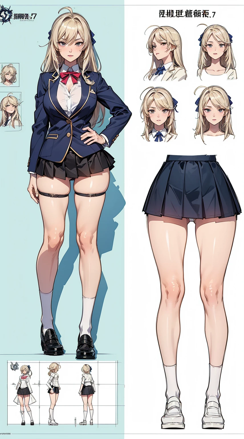 girl, alone, whole body, From head to toe, Are standing, (Huge_chest:1.3),
Character design sheet, Character Reference Sheet, 設計図のSchematic, Drafting, Blueprint, Schematic,
((Character design sheet:1.7, Character Reference Sheet:1.7,)),
anime/cartoon character wearing a girls , 1girl, alone, Thigh-high socks, blazer burezaa (blazer), Ahoge, Long Hair, bow, , shoes, loafers, ribbon, (Very short skirt:1.4), (panties:1.5),, (Good:1.7),(In underwear:1.8),nsfw,Full nudity、