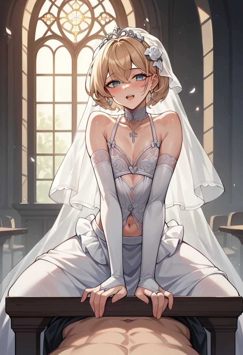 a father (he had been brainwashing by his second son,crossdressing, with his second son every day, wear sexedding lingerie,bride of his second son,have one's first night,,swear live as the wife of his second son for life) ,an empty abandoned church,in front of the confessional table