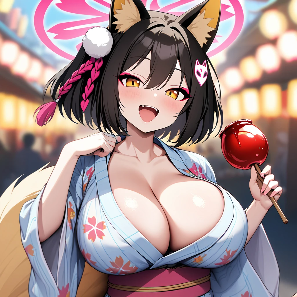 izuna(blue archive),1girl,solo,halo,Females in heat,open mouth,smile,fox ear,one Light brown thick tail,yukata,I have a one candy apple in my hand,super huge breasts,near,looking at viewer,Heart mark,summer festival