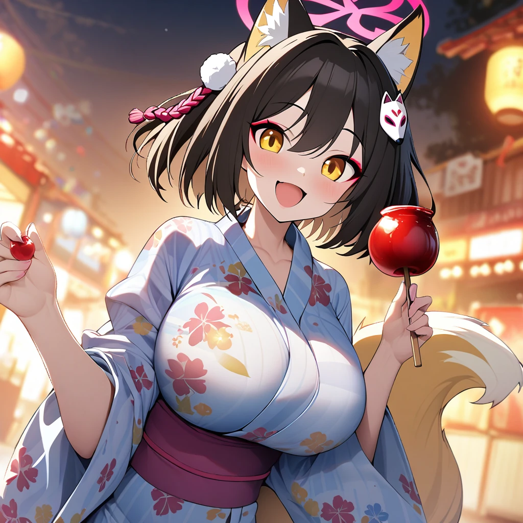 izuna(blue archive),1girl,solo,halo,Females in heat,open mouth,smile,fox ear,one Light brown thick tail,yukata,I have a one candy apple in my hand,super huge breasts,near,looking at viewer,Heart mark,summer festival