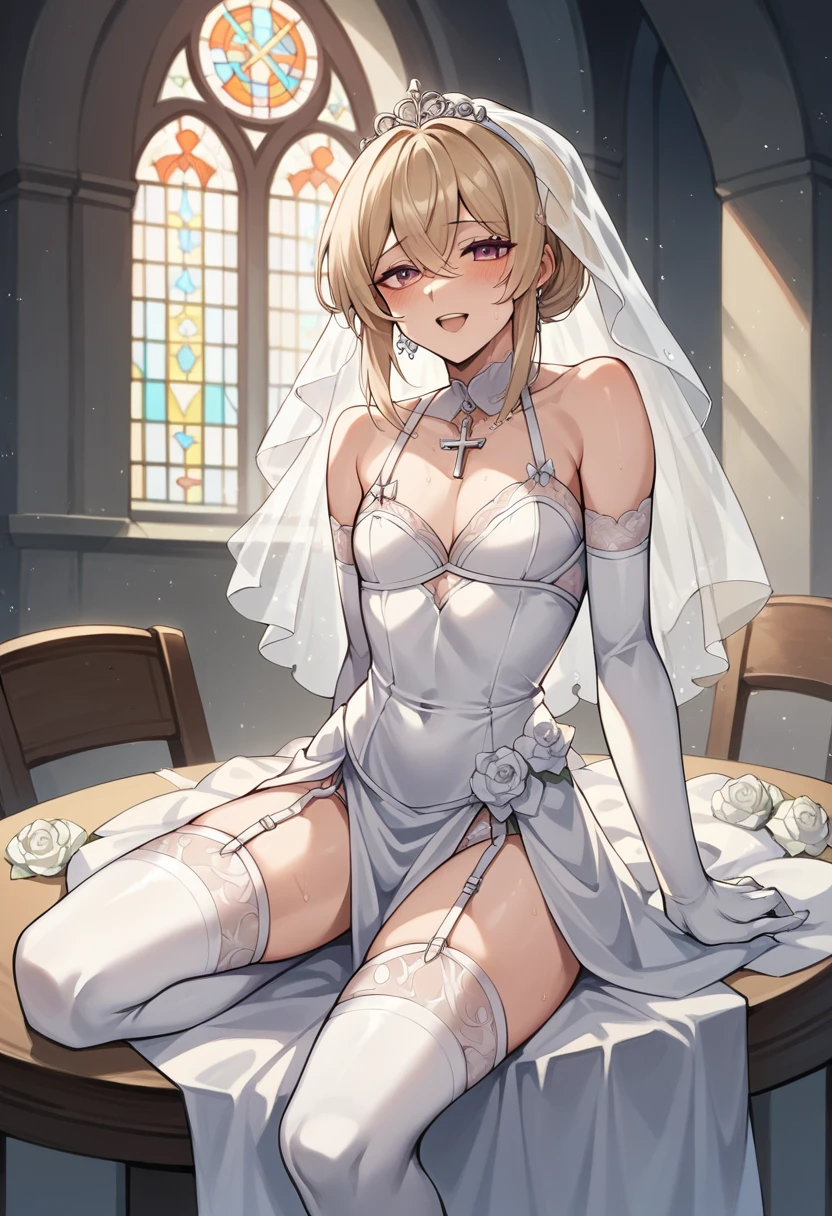 a father （he had been brainwashing by his second son,crossdressing,Sex with his second son every day, wear sexy Wedding lingerie,bride of his second son,have one's first night,,swear live as the wife of his second son for life) ,an empty abandoned church,in front of the confessional table