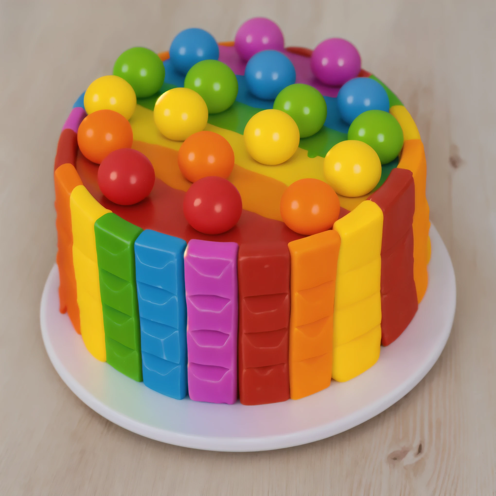 on a wooden table, cake on a white plate. rainbow chocolate bar cake, rainbow ganage on top, rainbow spheres made of polymer clay, Realistic style, realistic texture, detailed texture, bright lighting, Beautiful light from the window, high quality, A high resolution, macro photography, ultra hd 4k, Beautiful sunlight