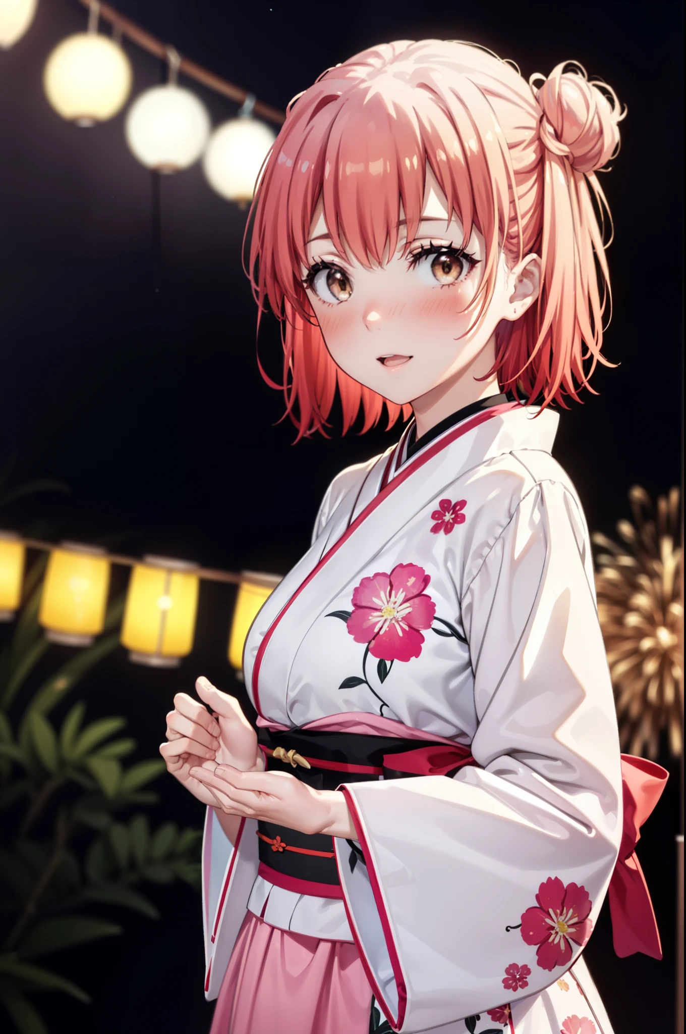 yuiyuigahama, yui yuigahama, short hair, (Brown eyes:1.5), (Pink Hair:1.2), smile,blush,Squint your eyes,Open your mouth,Happy atmosphere,Hair Bun,single Hair Bun, smile,Flower Hair Ornaments,Big Breasts,Pink kimono,Long skirt in pink color,Thick sleeves,日本のfestival,夏festivalの屋台,Red lantern,Fireworks in the night sky、Fireworks,The place is a fireworks display,Time is night,So that the whole body goes into the illustration,
break outdoors, festival,
break looking at viewer, Upper Body, (Cowboy Shot:1. 5)
break (masterpiece:1.2), Highest quality, High resolution, unity 8k wallpaper, (figure:0.8), (Beautiful attention to detail:1.6), Highly detailed face, Perfect lighting, Highly detailed CG, (Perfect hands, Perfect Anatomy),