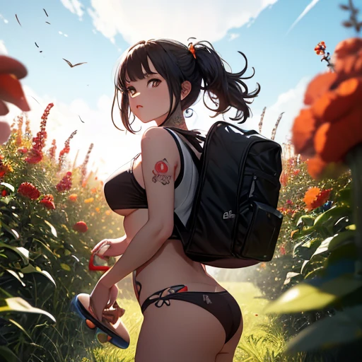masterpiece, 1girl, huge and heavy breasts, wide hips, backpack, female focus, mushroom, solo, grass, sneakers, eye-level, a cartoon-like illustration of a girl skateboarding on a blue skateboard with orange wheels. The girl is wearing a purple undersized overboob crop-top, , black socks, and a backpack on his back. She has tattoos on her arms and chest. The background is a vibrant blue sky with white bubbles floating in the air. To the left and right of the girl are two large mushrooms that are orange in color. The mushrooms are floating in a field of wildflowers, adding a pop of color to the scene. Fashion photography, best quality, award winning photograph, depth of field, sharp focus, vibrant colors, realistic lighting, detailed shadows
