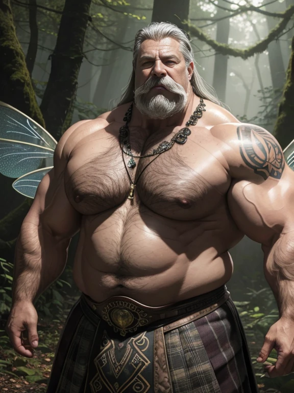 Hyperrealistic image of a Fairy Superhero with symmetrical dragonfly wings on his back, very sweaty, extremely old, over 80 years old, very muscular and fat, over 200 kg, with a naked torso, large flabby pectorals, brown nipples, very long gray hair and large gray mustaches with huge arms. tattooed in a foggy Celtic forest wearing a skirt covered in leaves