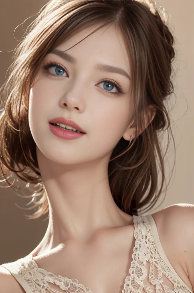 a russian and Ukrainian lady,highest quality.blue eye,woman posing confidently in front of a crisp background, . Radiant smile illuminates her face as she showcases her toned physique in t shorts and crop top. Camera zooms in with sharp focus on her eyes, highlighting individual skin pores and every detail. Shot in 8K high definition, perfectly lit to emphasize her beauty. Edited in Adobe Lightroom for optimal color accuracy, A soft and ethereal beige and red lace bodysuit,3/4 shot,from below
