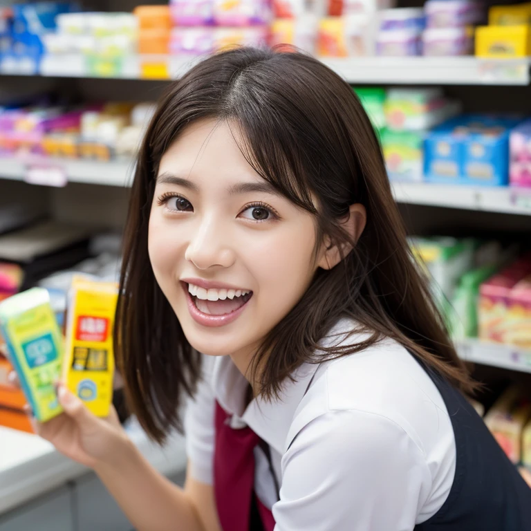((Highest quality)), ((masterpiece)), (detailed), One person(Highest quality, 8K, 32k, masterpiece, Ultra-high resolution:1.2),Beautiful Japanese Women Photos、Group of 2、healthy、Glowing Skin, Shallow depth of field、Contrasting、Professional Model、looking forward to it、Overbyte、mouth half open、blush:2.5、Random hairstyles for short hair、Black Hair、Face close-up、Portraiture、Teeth are visible、Big Mouth、Droopy eyes、Round face、Multiple moles、Fair skin、Active 24 year old、Brown eyes、Big smile、Convenience store clerk、Wear a uniform、Hitting the cash register、You can see the shelves