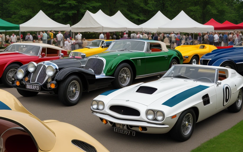 Create an image of several classic cars displayed in a concours d&#39;elegance in an elegant historic garden, rodeados de exuberantes paisajes y arquitectura impresionante. Enfoca los autos en el centro de la imagen, capturing its timeless beauty and the refined atmosphere of the event.