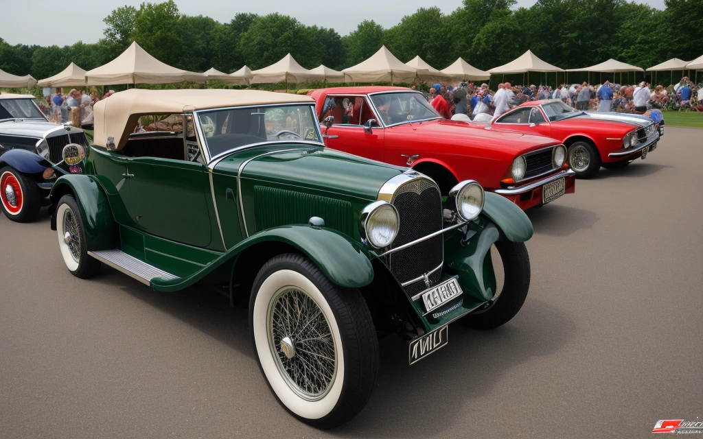 Create an image of several classic cars displayed in a concours d'elegance in an elegant historic garden, rodeados de exuberantes paisajes y arquitectura impresionante. Enfoca los autos en el centro de la imagen, capturing its timeless beauty and the refined atmosphere of the event.
